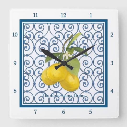 Trellis Scroll Lemon Branch Personalized Blue Vierkante Klok (Voorkant)