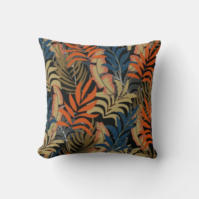 Trend Tropical Pattern Oranje Blue Planten Leaves Kussen (Voorkant)