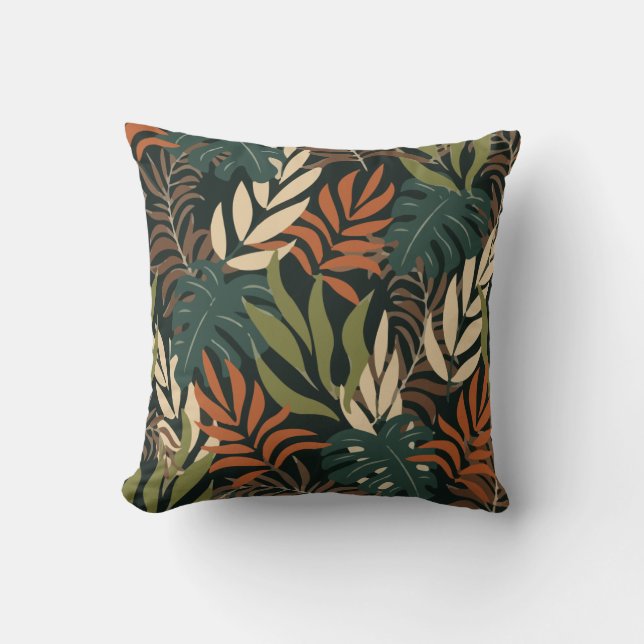 Trend Tropical Pattern Oranje White Planten Leaves Kussen (Voorkant)