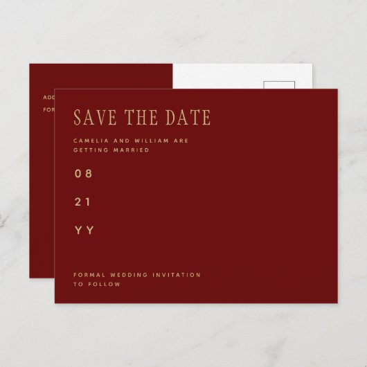 Trending Burgundy Gold Wedding SAVE the DATE Postc Briefkaart (Voorkant / Achterkant)