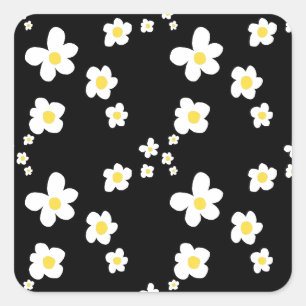 Trending madeliefjespatroon zwart geel wit, modern vierkante sticker