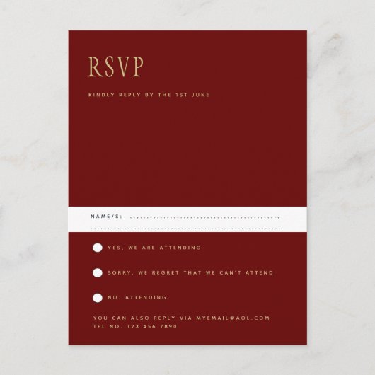 Trending Modern Burgundy Gold Wedding RSVP Postca Briefkaart (Voorkant)