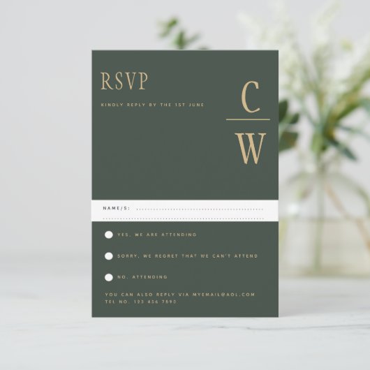 Trending Modern Moss Green Gold Wedding RSVP (Staand voorkant)