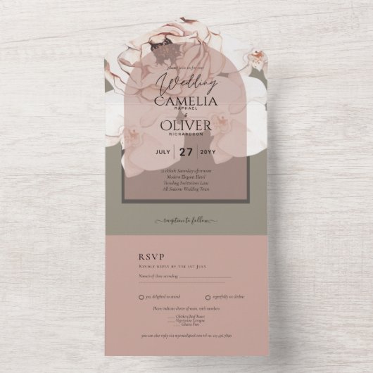 Trending MOSS BLUSH TROUWEN Sage Stofachtig Roze All In One Uitnodiging (Binnen)