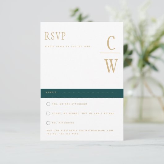 Trending Peacock BLAUWGROEN Green Gold Wedding RSV RSVP Kaartje (Staand voorkant)