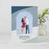 Trending Save the Date | Foto Stof Blauwe Strepen Kaart (Staand voorkant)