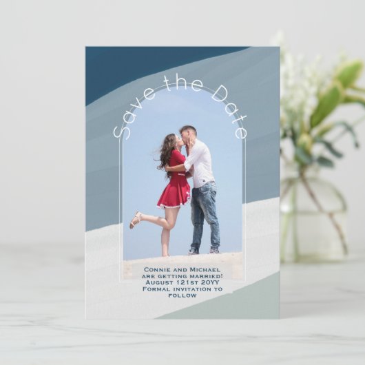 Trending Save the Date | Foto Stof Blauwe Strepen Kaart (Staand voorkant)