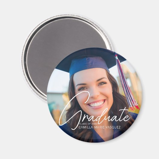 Trendy 2023 Afstuderen Foto White Script Custom Magneet (Voorkant / Achterkant)