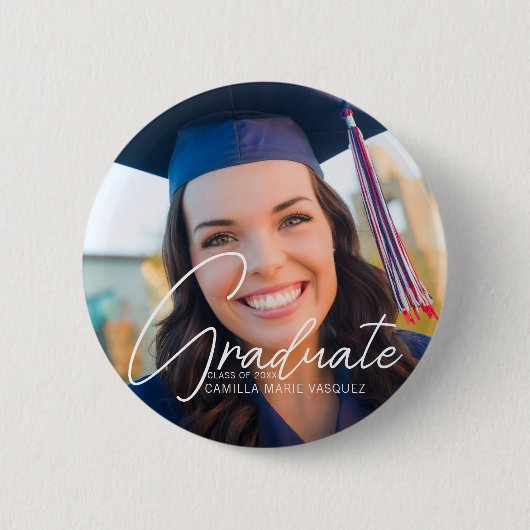Trendy 2023 Afstuderen Foto White Script Custom Ronde Button 5,7 Cm (Voorkant)