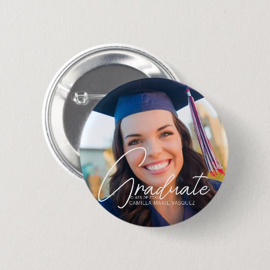 Trendy 2023 Afstuderen Foto White Script Custom Ronde Button 5,7 Cm (Voorkant /achterkant)