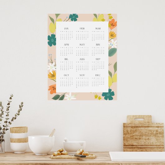 Trendy 2025 Peachy Wildflower 12 maanden Kalender Poster (Keuken)