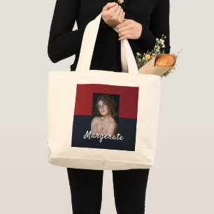 Trendy 2 Foto's blauw & rood modern script naam Grote Tote Bag