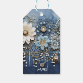 Trendy 3-D Blue Denim Print met kostuum sieraden Cadeaulabel