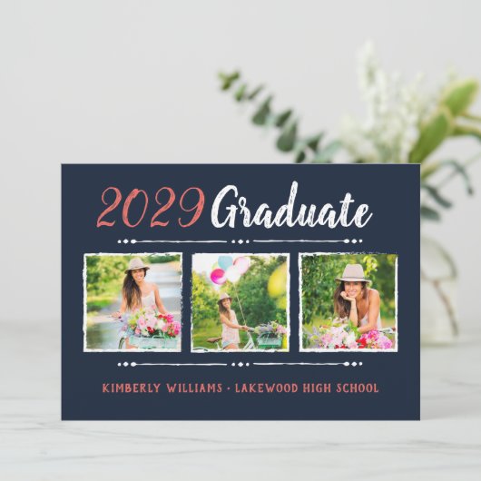 Trendy 3 Foto Collage Graduation Party Invitation Kaart (Staand voorkant)