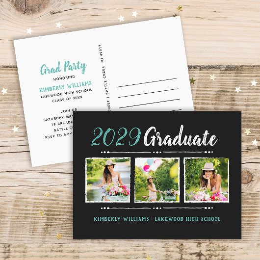 Trendy 3 Foto Collage Graduation Party Invitation Uitnodiging Briefkaart