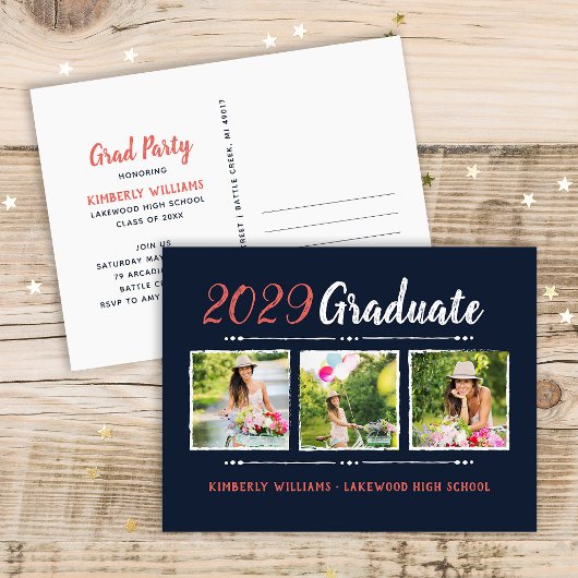 Trendy 3 Foto Collage Graduation Party Invitation Uitnodiging Briefkaart