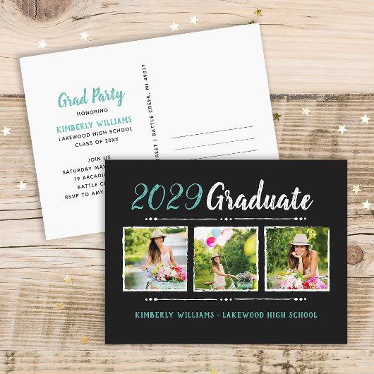 Trendy 3 Foto Collage Graduation Party Invitation Uitnodiging Briefkaart