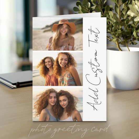 Trendy 3 foto's zwart-wit moderne script naam kaart