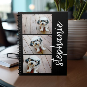 Trendy 3 foto's zwart-wit moderne script naam notitieboek