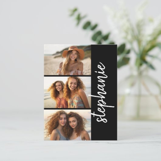 Trendy 3 Foto's zwart-wit moderne scriptnaam Briefkaart (Staand voorkant)