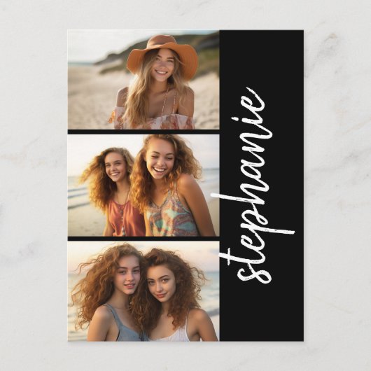 Trendy 3 Foto's zwart-wit moderne scriptnaam Briefkaart (Voorkant)