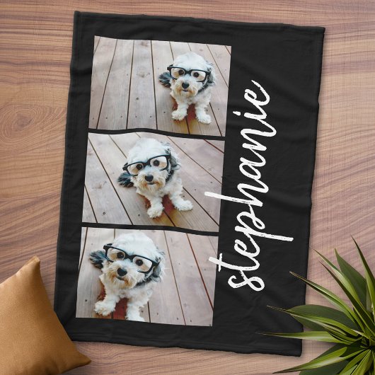 Trendy 3 Foto's zwart-wit moderne scriptnaam Fleece Deken