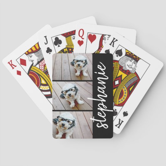 Trendy 3 Foto's zwart-wit moderne scriptnaam Pokerkaarten (Achterkant)