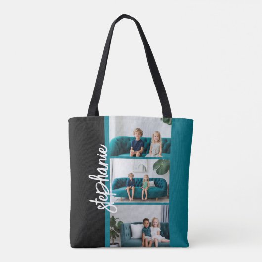 Trendy 3 Foto's zwart-wit moderne scriptnaam Tote Bag (Achterkant)