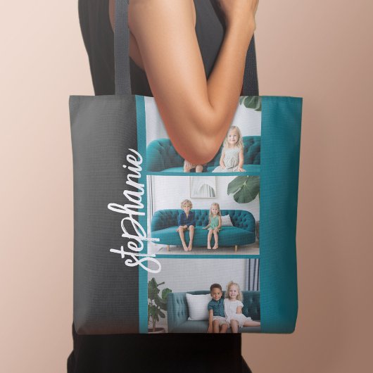 Trendy 3 Foto's zwart-wit moderne scriptnaam Tote Bag