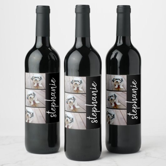 Trendy 3 Foto's zwart-wit moderne scriptnaam Wijn Etiket (Flessen)