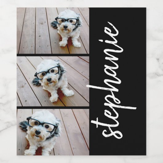 Trendy 3 Foto's zwart-wit moderne scriptnaam Wijn Etiket (Enkel label)