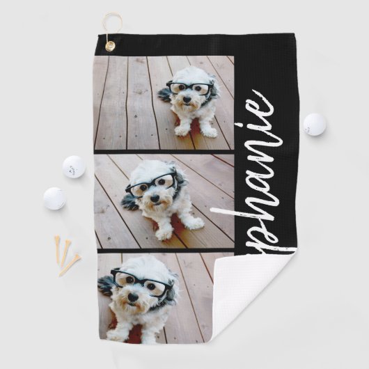 Trendy 3 Foto's zwart - witte moderne scriptnaam Golfhanddoek (Insitu)