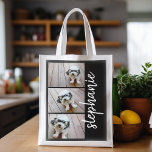 Trendy 3 Foto's zwarte witte moderne scriptnaam Boodschappentas<br><div class="desc">Gebruik 3 foto's om een uniek en persoonlijk cadeau te creëer. Of je kunt de hipster puppy houden en een trendy keepslag maken. Gebruik uw horizontale of landschapsfoto's voor de beste resultaten! Deze moderne gestapelde fotocollage omvat een rustige, moderne doopvont voor jouw naam of andere teksten. OM DE ACHTERGROND TE...</div>