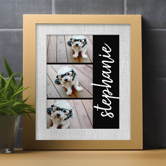 Trendy 3 Foto's zwarte witte moderne scriptnaam Foto Afdruk