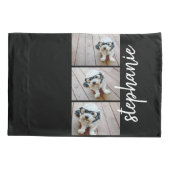 Trendy 3 Foto's zwarte witte moderne scriptnaam Kussensloop (Achterkant)