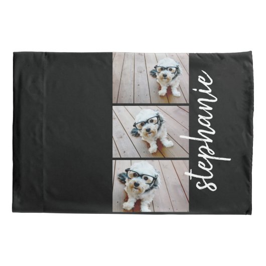 Trendy 3 Foto's zwarte witte moderne scriptnaam Kussensloop (Achterkant)