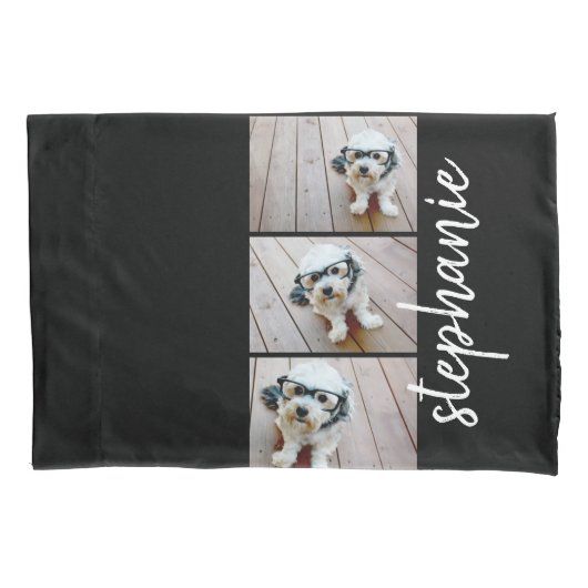 Trendy 3 Foto's zwarte witte moderne scriptnaam Kussensloop (Voorkant)