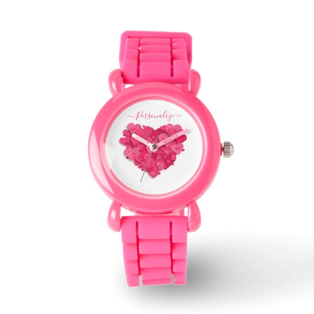 Trendy 3D roze hartstilstand met de optie Naam toe Horloge (Voorkant)