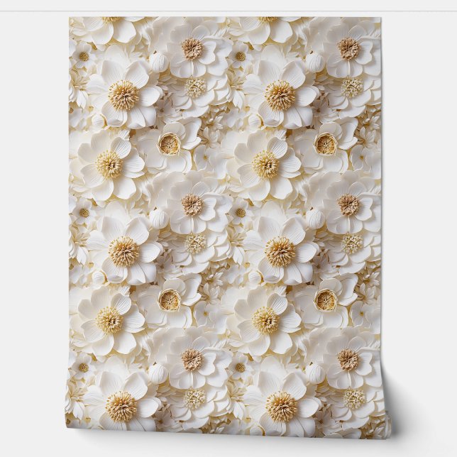Trendy 3d wit en goud bloemen lente bloemen behang (Afrollen)