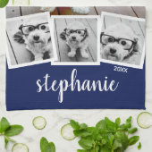 Trendy 4 Foto Collage Script Naam Wit Blauw Theedoek (Gevouwen)