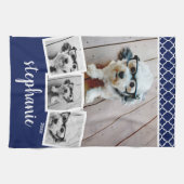 Trendy 4 Foto Collage Script Naam Wit Blauw Theedoek (Horizontaal)
