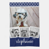 Trendy 4 Foto Collage Script Naam Wit Blauw Theedoek (Verticaal)