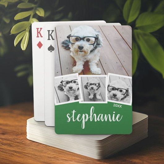 Trendy 4 Foto Collage Script Naam Wit Groen Pokerkaarten