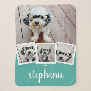 Trendy 4 Foto Collage Script Naam Wit Teal Sherpa Deken