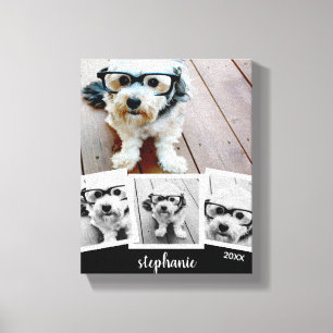 Trendy 4 Foto Collage Script Naam Wit Zwart Canvas Afdruk