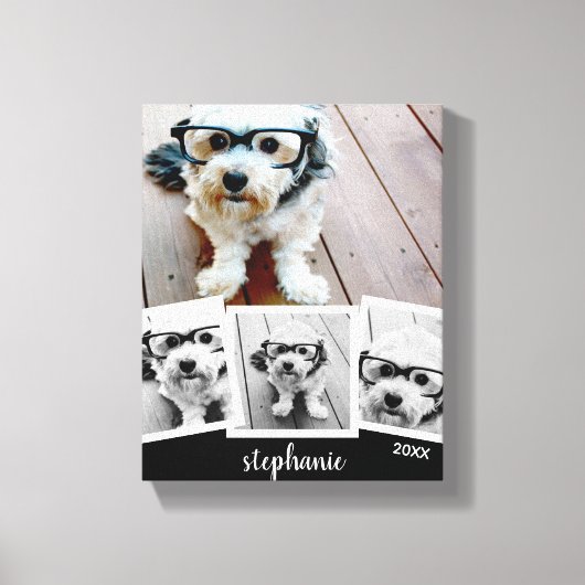 Trendy 4 Foto Collage Script Naam Wit Zwart Canvas Afdruk (Voorkant)