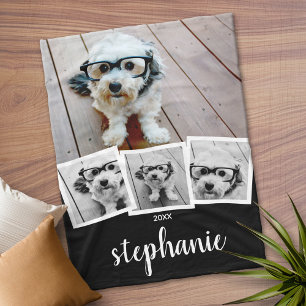 Trendy 4 Foto Collage Script Naam Wit Zwart Fleece Deken