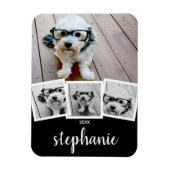 Trendy 4 Foto Collage Script Naam Wit Zwart Magneet (Verticaal)