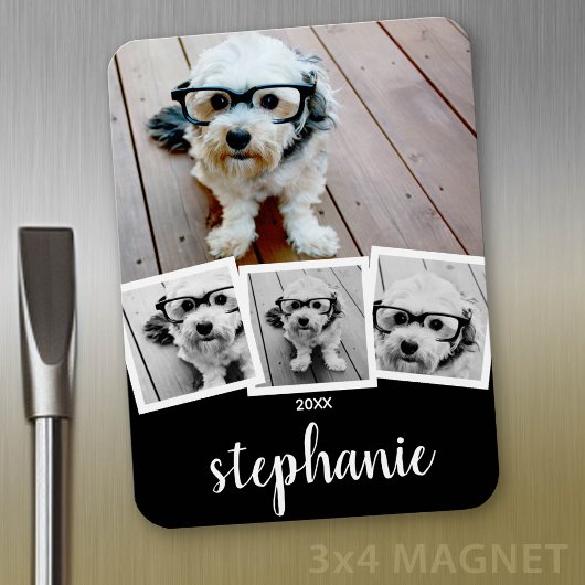 Trendy 4 Foto Collage Script Naam Wit Zwart Magneet