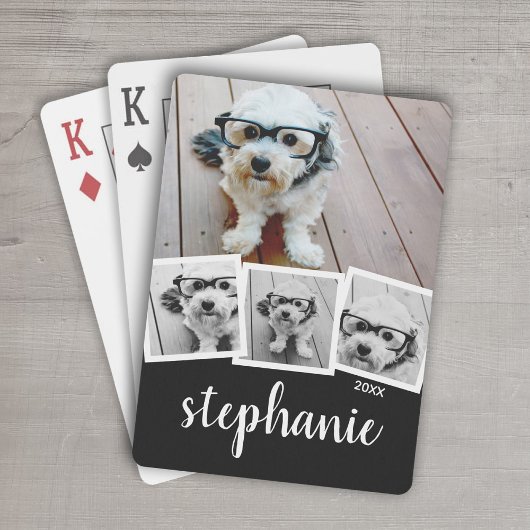 Trendy 4 Foto Collage Script Naam Wit Zwart Pokerkaarten